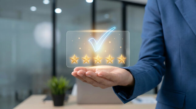 Person in Business Suit Holding Five Star Rating and Check Mark Graphic