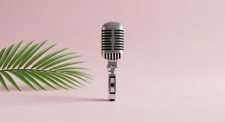 Vintage microphone with palm leaf on soft pink background