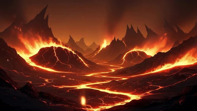 A fiery, apocalyptic landscape unfolds with molten lava flows across a dark, rugged terrain under a hazy, starless night sky