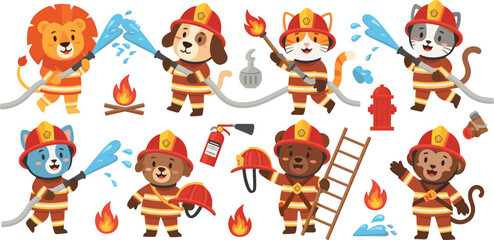 Set of cute animal firefighter characters, cartoon illustrations of brave lion, dog, cat and monkey in fireman uniform with water hose, firefighting concept isolated on white © MdSoleman