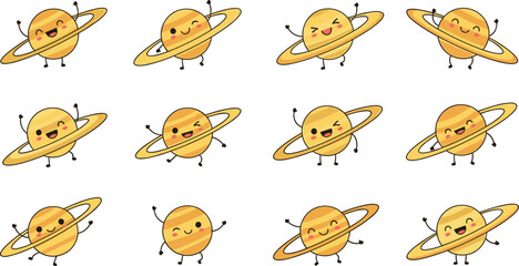 Set of cute cartoon Saturn planet characters, funny celestial bodies with rings and happy faces, solar system vector illustration isolated on white background © MdSoleman