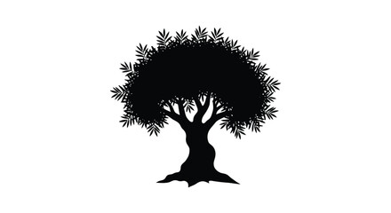 A striking black silhouette of a full rounded tree with detailed foliage against a stark white background silhouette high quality professional © GDOthoi02