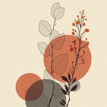 Abstract botanical illustration with line art leaves and branches. Modern boho style composition with earth tone circles and organic floral elements isolated on beige background for wall art.