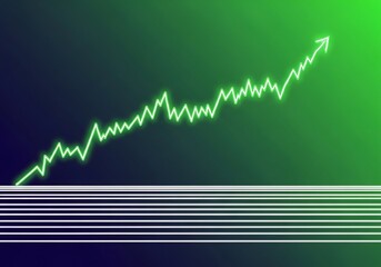 Fototapeta premium Glowing neon green upward trending financial graph on dark gradient background