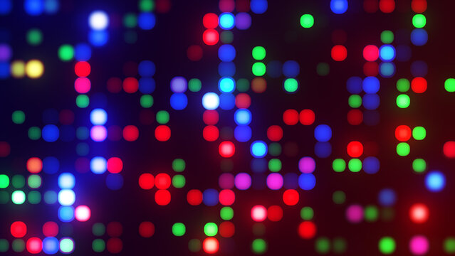 Abstract disco background of colorful glowing bokeh lights. Blurred neon lights, vibrant party atmosphere, celebration event. Nightlife concept, festive illumination. Music, nightclub, dancing.