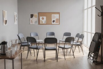 Fototapeta premium Interactive space showcasing minimalist design principles with gray folding chairs, wooden table displaying refreshments, warm ambient lighting, and inspiring wall art promoting creativity and