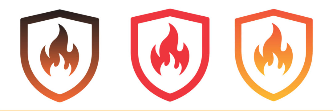 Fire Shield Icon Set with Flame Protection Symbols, Safety and Security Sign Collection for Fire Protection, Emergency Service, Insurance and Hazard Warning, Vector Illustration