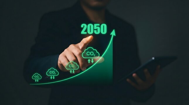 Business professional points at a rising co2 graph projected toward 2050 with a futuristic interface
