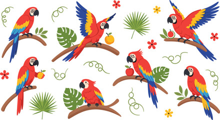 Set of scarlet macaw parrots on tree branches, cartoon illustrations of red tropical birds with exotic leaves and fruits, jungle wildlife vector isolated on white © MdSoleman