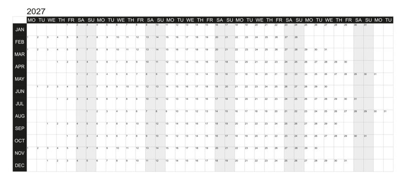 2027 Horizontal black and white big wall planner. Vector design.
