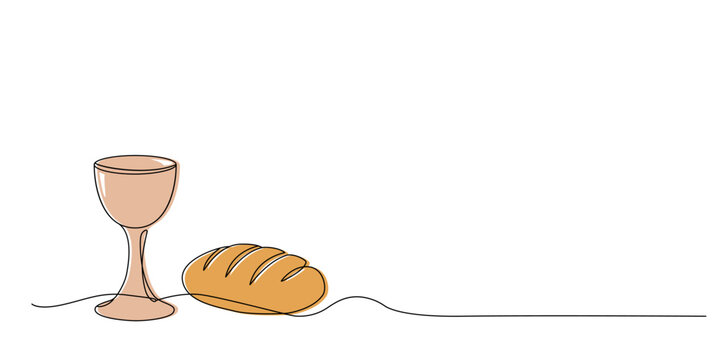 Communion symbolizes the escalating suffering of Jesus Christ. Bowl and bread. Flat vector linear illustration isolated on white background.