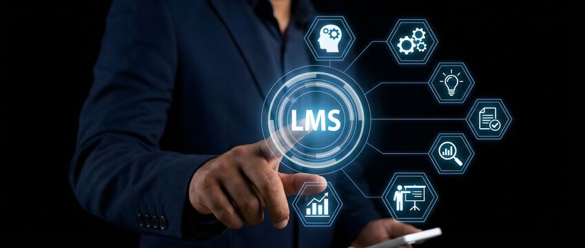 Businessman in suit interacting with lms interface featuring digital icons