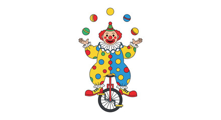 A brightly colored clown joyfully juggles balls while riding a unicycle exhibiting a whimsical flat silhouette high quality professional detailed modern © CreativeAlim02