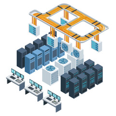 Isometric Data Center Illustration - Servers, Cooling, and Monitoring.