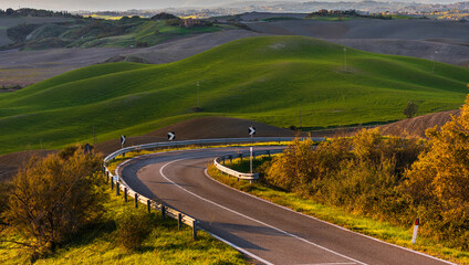 Naklejka premium Winding road through green Tuscan hills landscape, Italy.