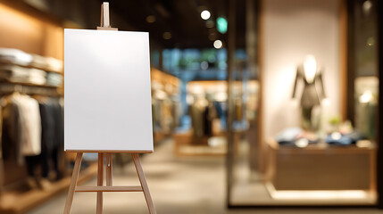 Naklejka premium Blank white canvas on wooden easel stand in stylish clothing store, soft focus background, copy space for message or advertisement