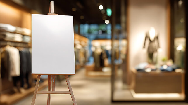Blank white canvas on wooden easel stand in stylish clothing store, soft focus background, copy space for message or advertisement