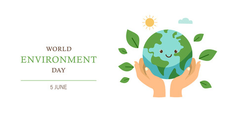 Fototapeta premium World environment day banner hand hold circle green globle earth with leaf plant around on white background vector design