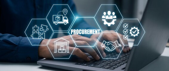 Fototapeta premium Business professional using laptop with procurement icons in foreground signifying supply chain management