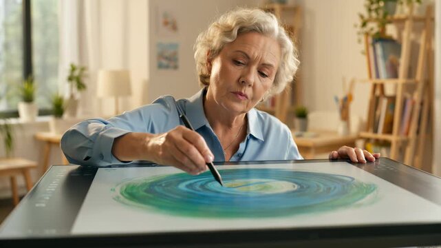Focused senior woman artist drawing a blue and green spiral on a digital tablet display with a stylus at home, showcasing lifelong learning and modern technology skills.