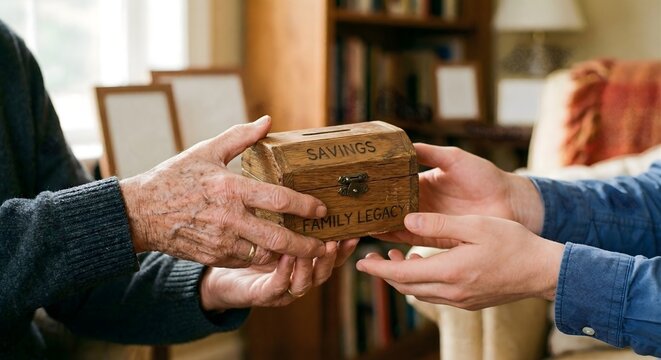 Generational wealth transfer passing down family legacy savings wooden box from elder hands to younger hands showing financial continuity and inheritance planning concept