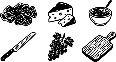 Naklejka premium Black and white vector art of sliced deli meat cheese bowl of olives serrated knife bunch of grapes and wooden cutting board