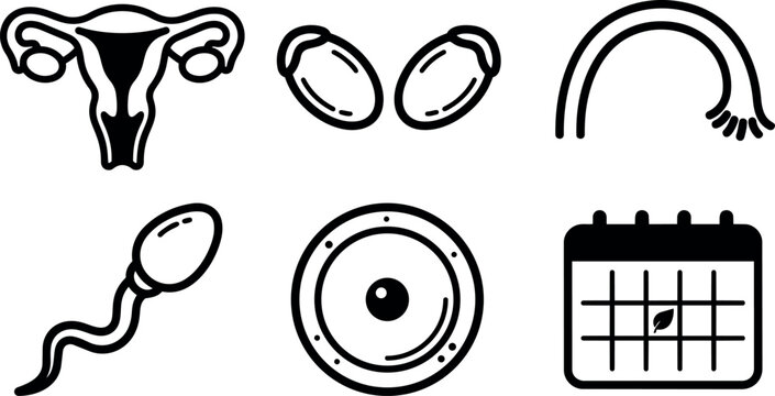 Black line art reproductive organs sperm egg calendar ovary uterus fertility vector icons set