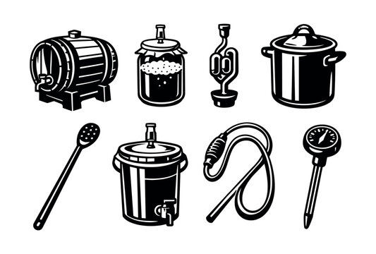 Illustrated home brewing equipment set in black and white silhouette style