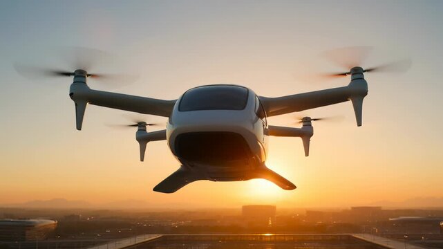 Advanced Electric eVTOL Flying Taxi Soaring Over a Modern Airport at Sunset, Representing the Future of Urban Air Mobility, Sustainable Transportation, and Aerospace Technology