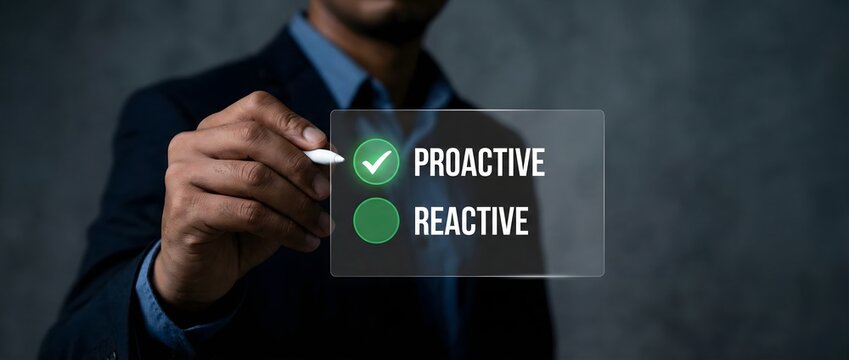 Businessman in a suit pointing to a virtual screen with proactive and reactive options