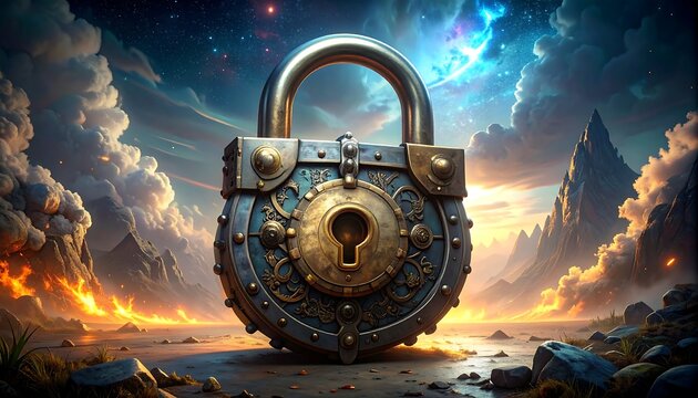 Grand lock against starry, mythical backdrop