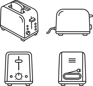 Collection of simple, clean line art icons depicting a modern toaster from various perspectives, perfect for graphic design and web use.