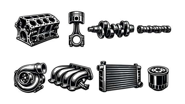 Car engine parts vector set including crankshaft piston turbocharger radiator