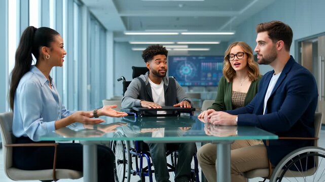Diverse group of young professionals, including people using wheelchairs, collaborating and discussing ideas during a business meeting in a bright, modern office space.