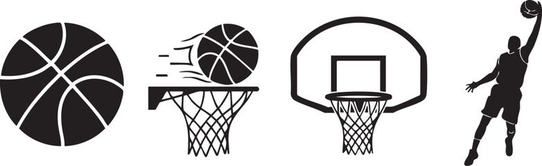 Basketball player shooting ball into hoop with net and backboard © Umme