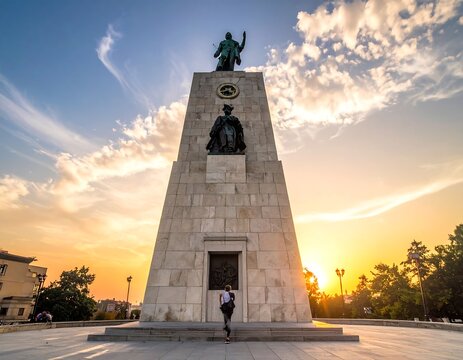 Grand monument at sunset. Sky with clouds, stone structure, bronze statues and distant city skyline
