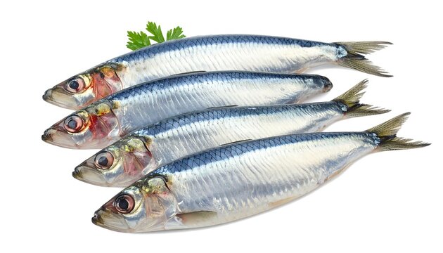 Four fresh sardines arranged on a white background with parsley