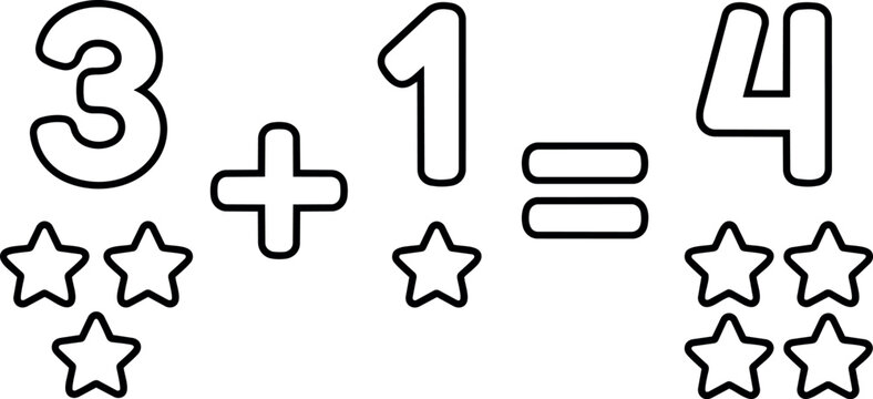 Black and white outline math equation three plus one equals four with star shapes educational vector art