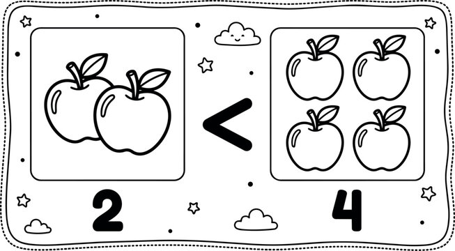 Black and white cartoon style comparison of two apples and four apples in counting math less than concept illustration