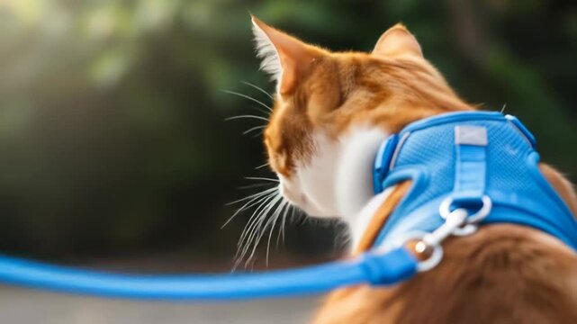 A close-up of an orange cat wearing a blue harness and leash
