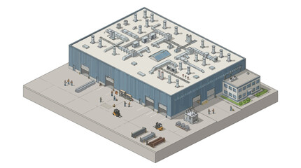 Obraz premium Isometric industrial building with logistics and infrastructure, complex network of ventilation and lighting systems