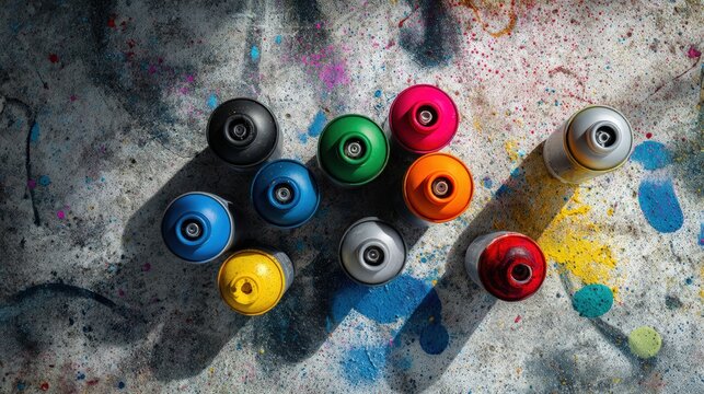 Spray used street and paint can painting with graffiti aerosol view. Wall yellow cans and spray mockup top with color red used. Low spray floor and dye paint angle with closeup can ground.