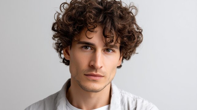 Close-up portrait of handsome man with curly hair and intense expression, isolated on pale background, perfect for personal branding or professional headshots 