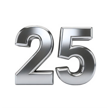 A shiny silver 25 number isolated on transparent background
