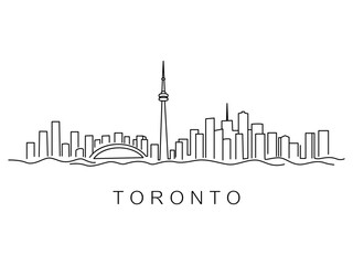 Naklejka premium Linear panorama of Canada's capital, the city of Toronto. Downtown and cityscape with modern skyscrapers and a park. Flat vector illustration.