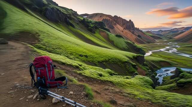 A serene valley landscape with a winding river, surrounded by green hills and mountains, featuring a red backpack and tripod on a dirt path