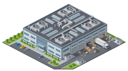 Obraz premium Isometric view of a modern industrial warehouse building with loading dock and delivery truck, showcasing logistics and distribution operations