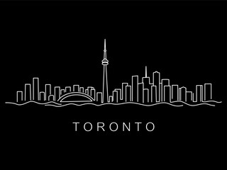 Naklejka premium Linear panorama of Canada's capital, the city of Toronto. Downtown and cityscape with modern skyscrapers and a park. Flat vector illustration.