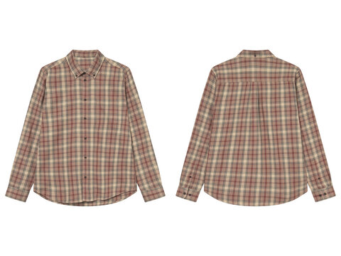 Red and beige plaid button-up shirt displayed front and back on white background
