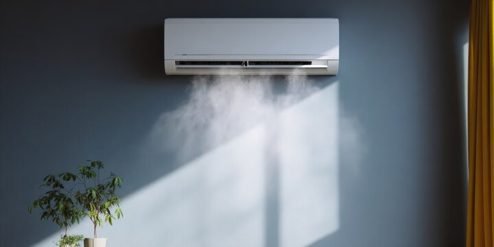 White wallmounted airconditioner releasing visible vapor with sunlight patch over plant in minimalist room